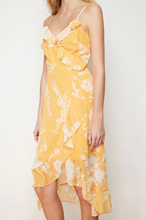 Yeni Regular Gündüz Gece Şifon Dokuma Kruvaze Askılı Kol Kruvaze Midi Boy Elbise