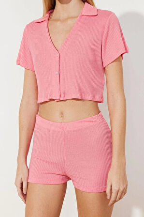 Kadın Polyester V Yaka Kısa Kol Pembe Fitilli Crop T-shirt-Şort Örme Pijama Takımı