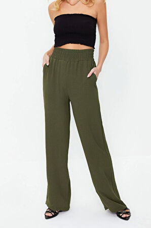 Kadın Yeni Moda Geniş Paça Uzun Boy Dokuma Wide Leg Geniş Paça Beli Lastikli Pantolon