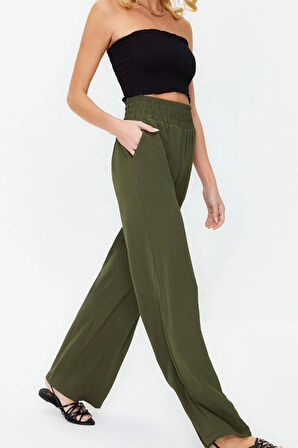 Kadın Yeni Moda Geniş Paça Uzun Boy Dokuma Wide Leg Geniş Paça Beli Lastikli Pantolon