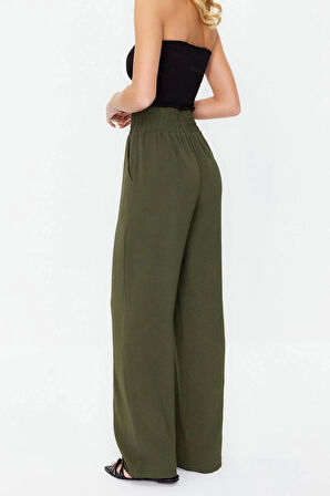 Kadın Yeni Moda Geniş Paça Uzun Boy Dokuma Wide Leg Geniş Paça Beli Lastikli Pantolon