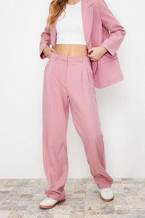Kadın Yeni Moda Boru Paça Uzun Boy Dokuma Limited Edition Düz Kesim Pilili Pantolon