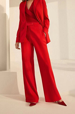 Kadın Yeni Moda Boru Paça Regular Boy Dokuma Wide Leg Geniş Paça Yüksek Bel Pantolon