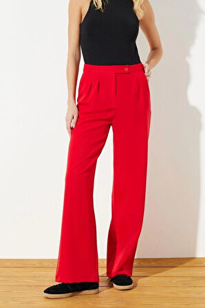 Kadın Yeni Moda Boru Paça Regular Boy Dokuma Wide Leg Geniş Paça Yüksek Bel Pantolon