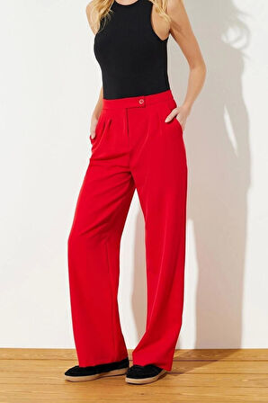 Kadın Yeni Moda Boru Paça Regular Boy Dokuma Wide Leg Geniş Paça Yüksek Bel Pantolon