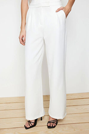 Kadın Yeni Moda Boru Paça Regular Boy Dokuma Wide Leg Geniş Paça Yüksek Bel Pantolon