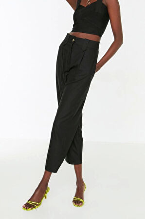 Kadın Yeni Moda Boru Paça Regular Boy Dokuma Havuç Yüksek Bel Poliviskon Pantolon