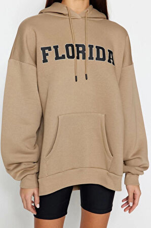 Kadın Oversize Kapüşonlu Standart Kol Standart Kalın Polarlı Baskılı Geniş Kalıp Örme Sweatshirt