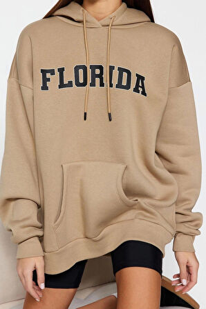 Kadın Oversize Kapüşonlu Standart Kol Standart Kalın Polarlı Baskılı Geniş Kalıp Örme Sweatshirt