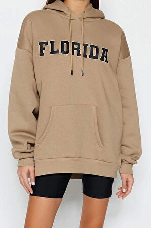 Kadın Oversize Kapüşonlu Standart Kol Standart Kalın Polarlı Baskılı Geniş Kalıp Örme Sweatshirt