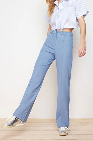 Kadın Yeni Moda Boru Paça Uzun Boy Dokuma Düz Kesim Yüksek Bel Nervür Dikişli Pantolon