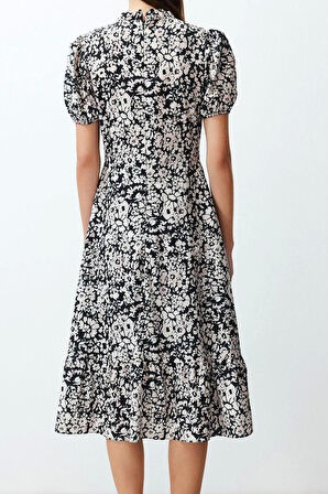 Yeni Regular Casual Günlük Moss Krep Dokuma Dik Yaka Kısa Kol A-Line Midi Boy Elbise