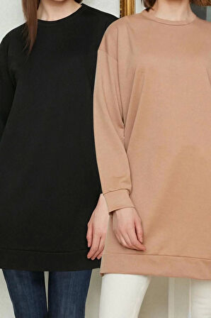 Kadın Tesettür Moda Şık Regular Bisiklet Yaka Düşük Kol Uzun 2li Paket Basic Örme Sweatshirt