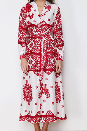 Kadın Moda Şık Tesettür Maxi Boy Gömlek Yaka Regular Dokuma Saten Desenli Gömlek Abiye Elbise