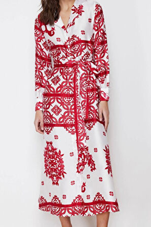 Kadın Moda Şık Tesettür Maxi Boy Gömlek Yaka Regular Dokuma Saten Desenli Gömlek Abiye Elbise