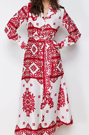 Kadın Moda Şık Tesettür Maxi Boy Gömlek Yaka Regular Dokuma Saten Desenli Gömlek Abiye Elbise