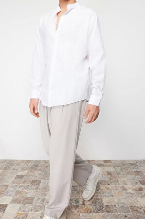 Erkek Moda Uzun Kol Dokuma Beyaz Regular Fit Hakim Yaka Nakış Detaylı %100 Pamuk Gömlek