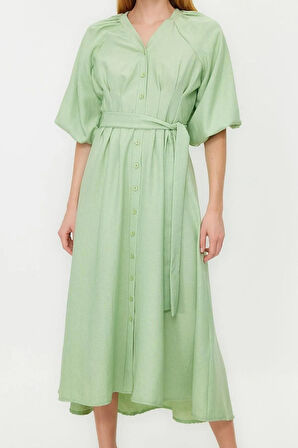 Yeni Regular Günlük Keten Görünümlü Dokuma V Yaka Truvakar Kol Kol A-Line Maxi Boy Tesettür Elbise