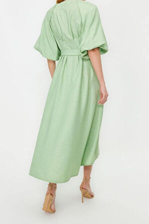 Yeni Regular Günlük Keten Görünümlü Dokuma V Yaka Truvakar Kol Kol A-Line Maxi Boy Tesettür Elbise