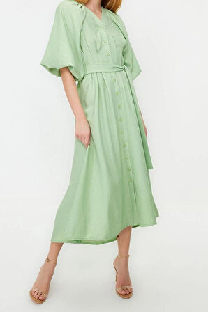 Yeni Regular Günlük Keten Görünümlü Dokuma V Yaka Truvakar Kol Kol A-Line Maxi Boy Tesettür Elbise