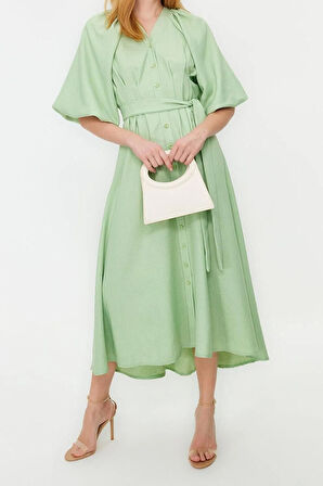 Yeni Regular Günlük Keten Görünümlü Dokuma V Yaka Truvakar Kol Kol A-Line Maxi Boy Tesettür Elbise