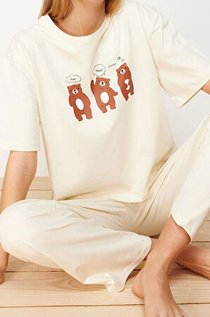 Kadın Bisiklet Yaka Kısa Kol Pamuklu Kiraz Baskılı T-shirt-Pantolon Örme Pijama Takımı