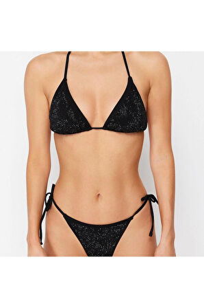 Yeni Baskılı Destekli Üçgen Normal Bel Brief Siyah Üçgen Taşlı Regular Bikini Takımı