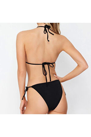 Yeni Baskılı Destekli Üçgen Normal Bel Brief Siyah Üçgen Taşlı Regular Bikini Takımı