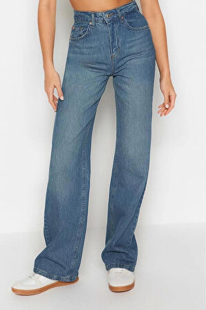 Kadın Moda Şık Kot Pantolon Geniş Paça Regular Boy Denim Mavi Yüksek Bel Jeans