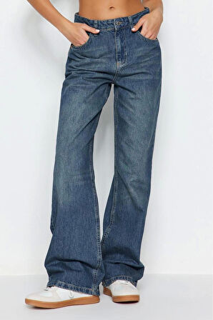 Kadın Moda Şık Kot Pantolon Geniş Paça Regular Boy Denim Mavi Soluk Vintage Yüksek Bel Jeans