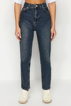 Kadın Moda Şık Kot Pantolon Boru Paça Regular Boy Denim Mavi Yüksek Bel Slim Mom Jeans