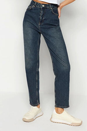 Kadın Moda Şık Kot Pantolon Boru Paça Regular Boy Denim Mavi Yüksek Bel Slim Mom Jeans