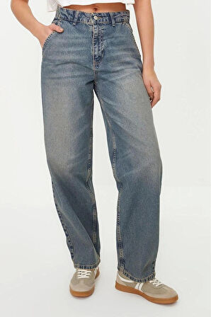 Kadın Moda Şık Kot Pantolon Geniş Paça Regular Boy Denim Düşük Bel Skater Jeans