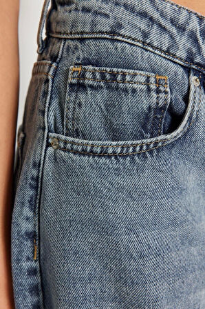 Kadın Moda Şık Kot Pantolon Boru Paça Regular Boy Denim Düşük Bel Skater Jeans