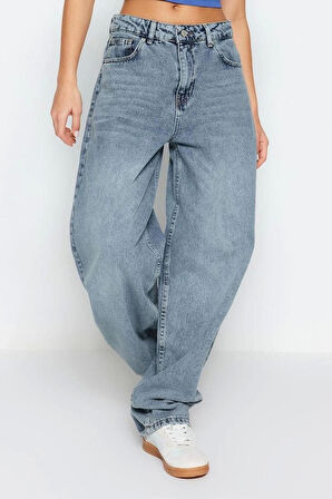 Kadın Moda Şık Kot Pantolon Boru Paça Regular Boy Denim Düşük Bel Skater Jeans