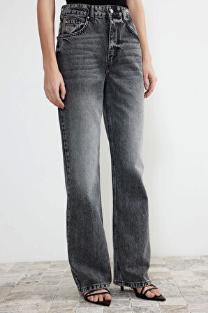 Kadın Moda Şık Kot Pantolon Boru Paça Regular Boy Denim Gri Yüksek Bel Jeans