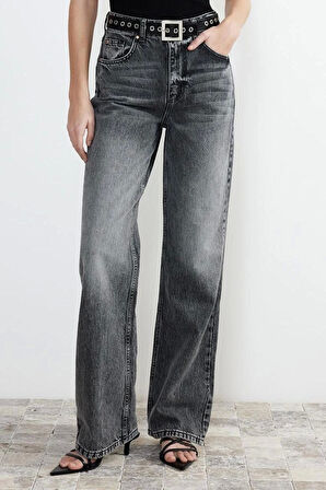 Kadın Moda Şık Kot Pantolon Boru Paça Regular Boy Denim Gri Yüksek Bel Jeans