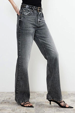 Kadın Moda Şık Kot Pantolon Boru Paça Regular Boy Denim Gri Yüksek Bel Jeans