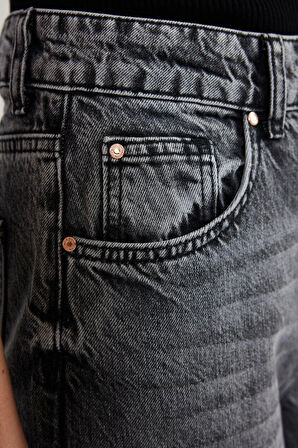 Kadın Moda Şık Kot Pantolon Boru Paça Regular Boy Denim Gri Yüksek Bel Jeans