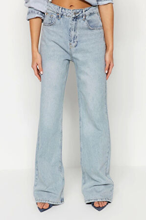 Kadın Moda Şık Kot Pantolon Geniş Paça Regular Boy Denim Mavi Soluk Vintage Yüksek Bel Jeans