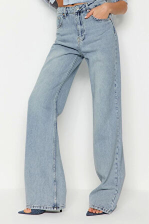 Kadın Moda Şık Kot Pantolon Geniş Paça Regular Boy Denim Mavi Soluk Vintage Yüksek Bel Jeans