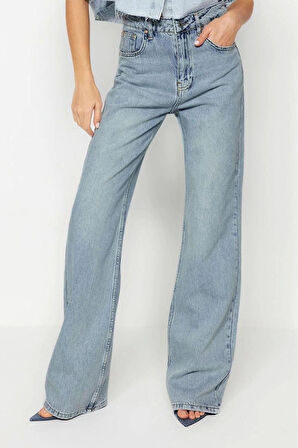 Kadın Moda Şık Kot Pantolon Geniş Paça Regular Boy Denim Mavi Soluk Vintage Yüksek Bel Jeans