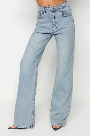 Kadın Moda Şık Kot Pantolon Geniş Paça Regular Boy Denim Mavi Soluk Vintage Yüksek Bel Jeans