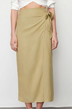 Kadın Moda Stil Maxi Astarsız Dokuma Bağlamalı Kruvaze Kapama Viskon Kumaşlı Maxi Boy Dokuma Etek