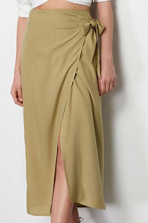 Kadın Moda Stil Maxi Astarsız Dokuma Bağlamalı Kruvaze Kapama Viskon Kumaşlı Maxi Boy Dokuma Etek