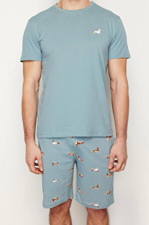Erkek %100 Pamuk Bisiklet Yaka Kısa Kol Regular Fit Baskılı Örme Şortlu Yazlık Pijama Takımı