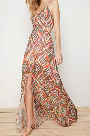 Yeni Regular Gündüz Gece Şifon Dokuma V Yaka Askılı Kol A-Line Maxi Boy Elbise