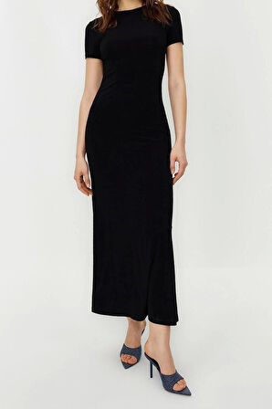 Yeni Slim Casual Günlük Kalın Sandy Örme Bisiklet Yaka Kısa Kol Bodycone Maxi Boy Elbise