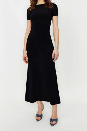 Yeni Slim Casual Günlük Kalın Sandy Örme Bisiklet Yaka Kısa Kol Bodycone Maxi Boy Elbise