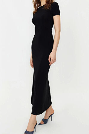 Yeni Slim Casual Günlük Kalın Sandy Örme Bisiklet Yaka Kısa Kol Bodycone Maxi Boy Elbise